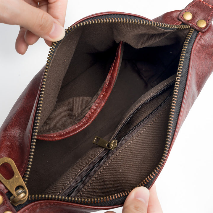 Slouchy Leather Crossbody Bag Washed Full Grain Zip Top Shoulder Bag in Brown