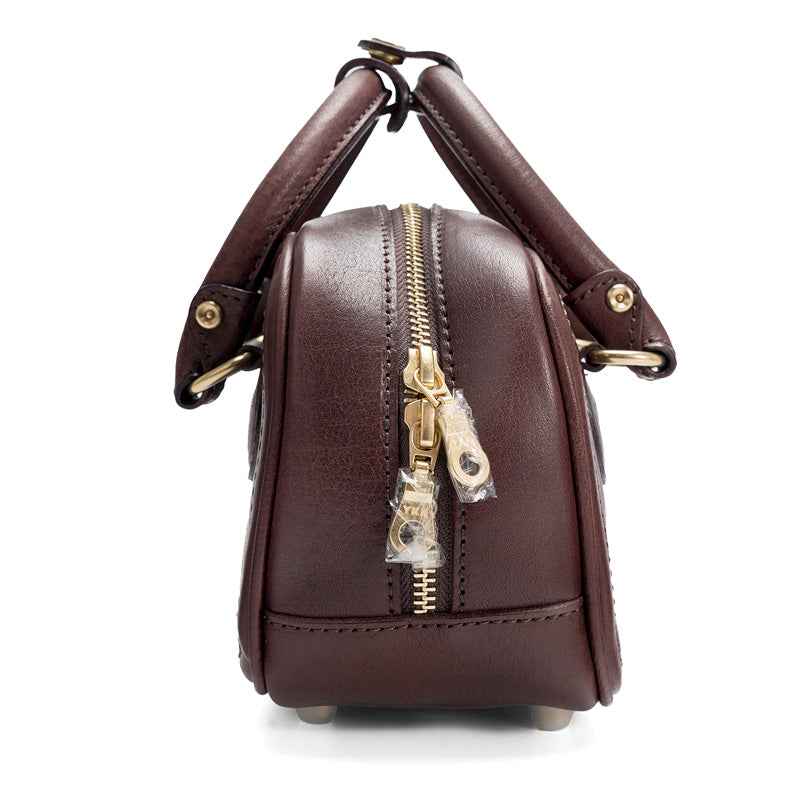 Small Bowling Bag Washed Full Grain Leather Boston Top Handle Bag with Brass Zip