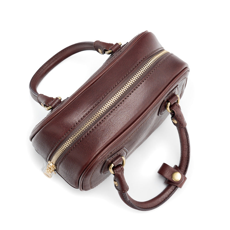 Small Bowling Bag Washed Full Grain Leather Boston Top Handle Bag with Brass Zip