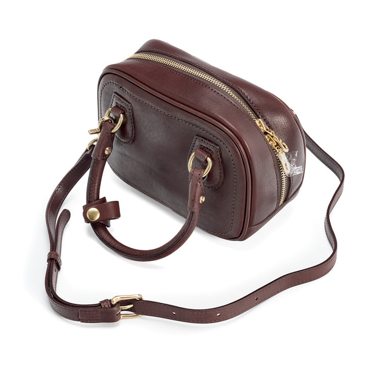 Small Bowling Bag Washed Full Grain Leather Boston Top Handle Bag with Brass Zip