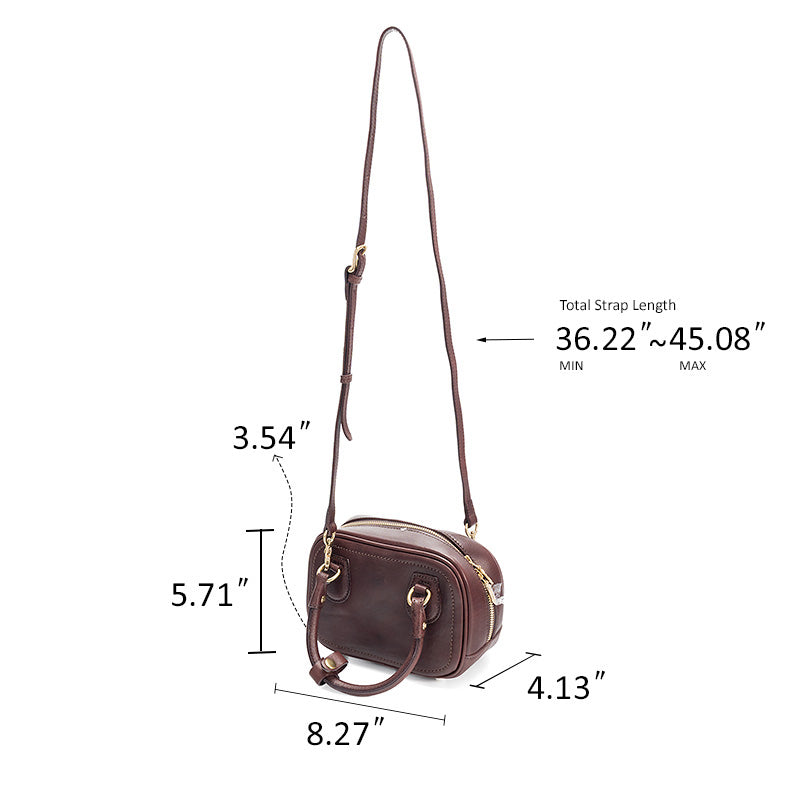 Small Bowling Bag Washed Full Grain Leather Boston Top Handle Bag with Brass Zip