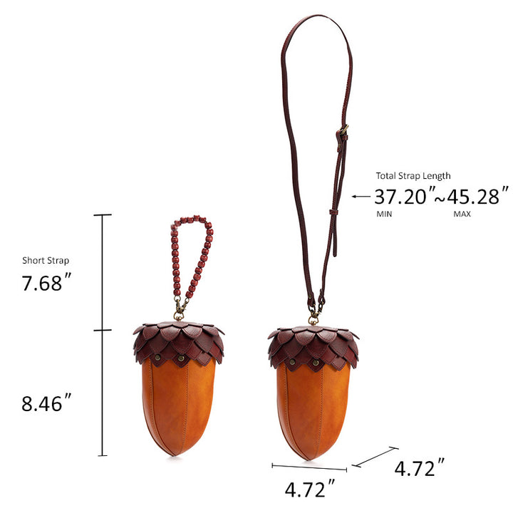 Acorn Leather Novelty Bag Handcrafted Statement Crossbody with Wooden Bead Handle