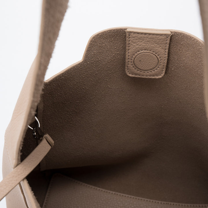 Leather Bucket Tote Bag Full Grain Beige Shoulder Bag with Removable Zip Pouch