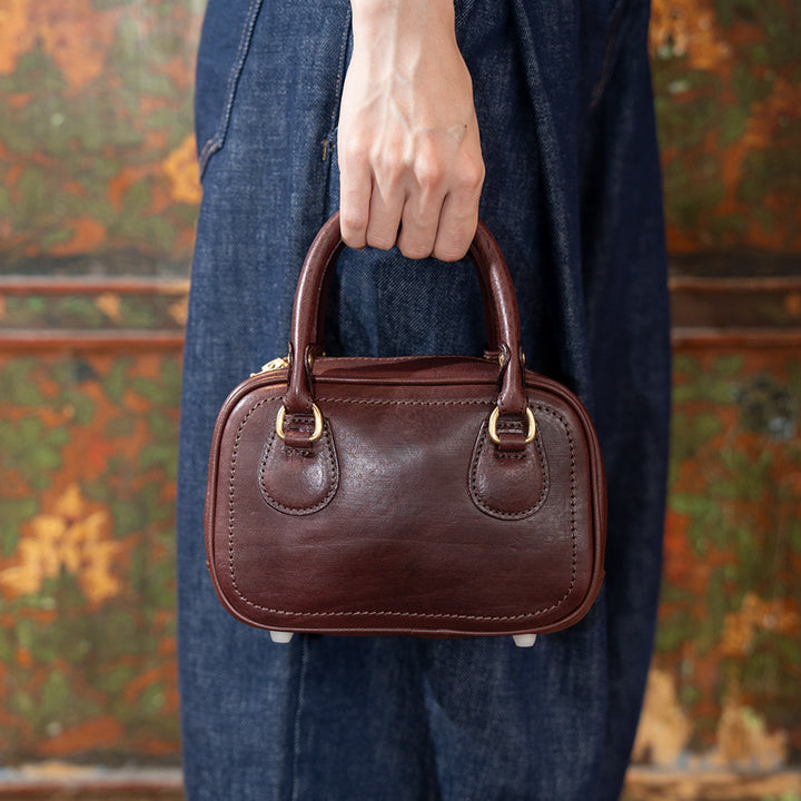 Small Bowling Bag Washed Full Grain Leather Boston Top Handle Bag with Brass Zip