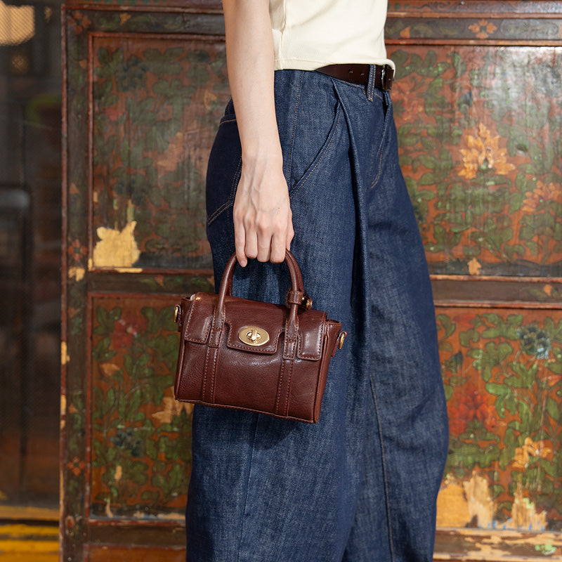 Mini Satchel Bag Washed Full Grain Leather Top Handle &amp; Crossbody bag with Twist Lock