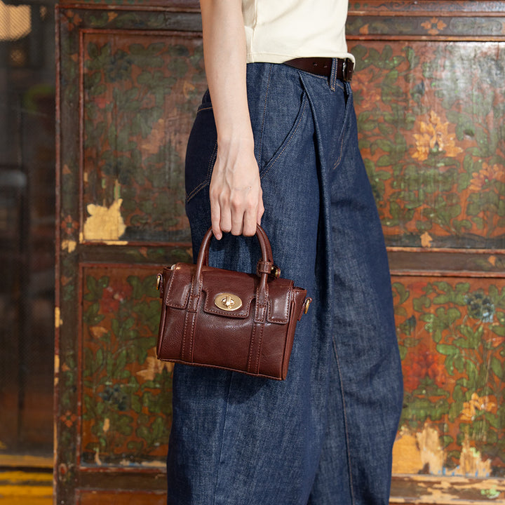 Mini Satchel Bag Washed Full Grain Leather Top Handle &amp; Crossbody bag with Twist Lock