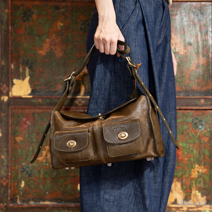 Cargo Baguette Bag Horsehide Leather Multi-Pocket Shoulder Bag with Twist Lock