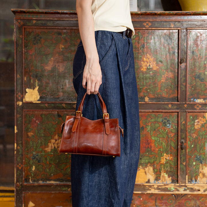 Leather Doctor Bag Washed Full Grain Cowhide Top Handle bag with Double Buckle Straps
