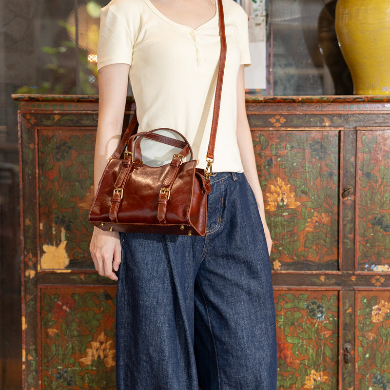 Leather Doctor Bag Washed Full Grain Cowhide Top Handle bag with Double Buckle Straps