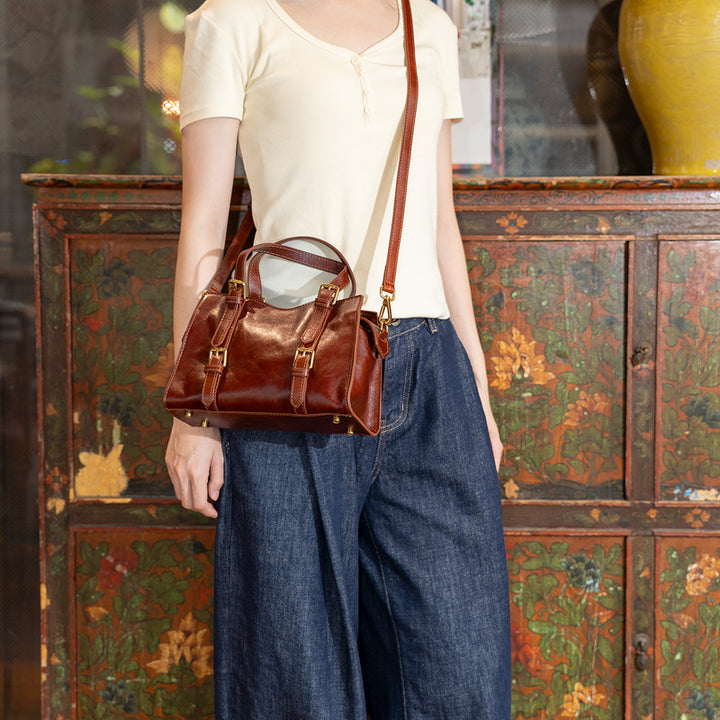 Leather Doctor Bag Washed Full Grain Cowhide Top Handle bag with Double Buckle Straps