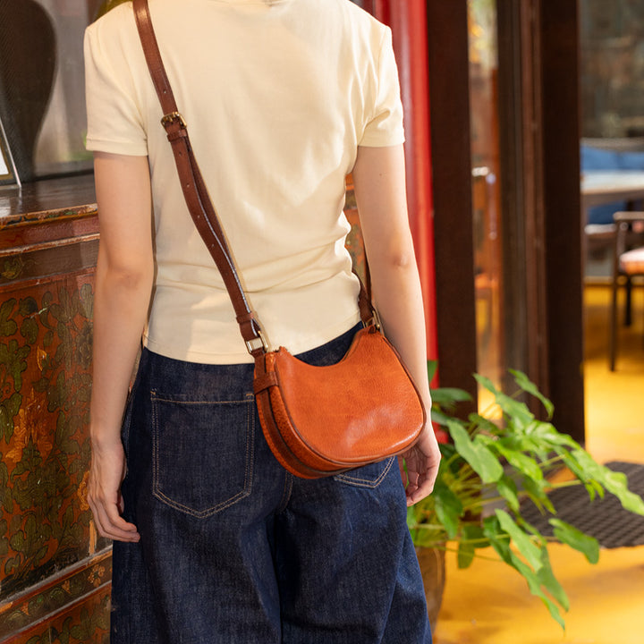Crescent Bag Washed Full Grain Leather Half Moon Crossbody &amp; Shoulder Bag for Women