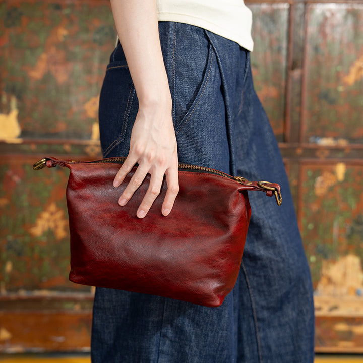 Slouchy Leather Crossbody Bag Washed Full Grain Zip Top Shoulder Bag in Brown