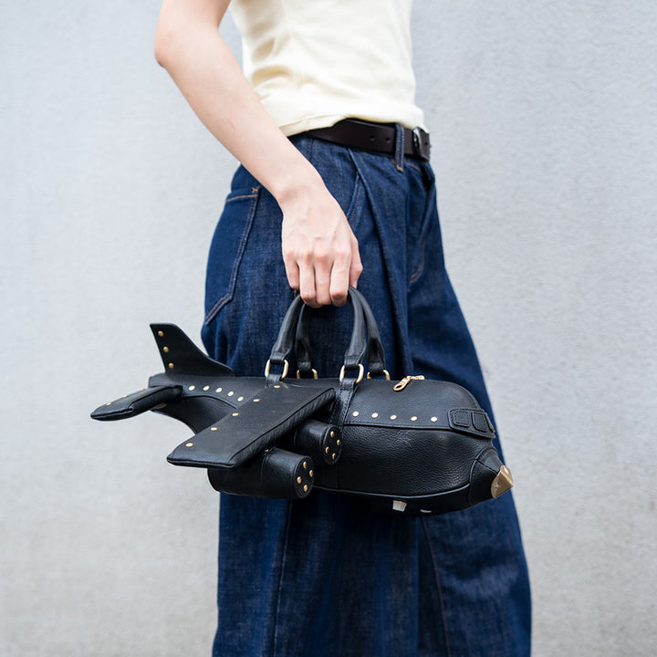 Airplane Shape Leather Bag Gold Stud Statement Top Handle Crossbody Bag for Women