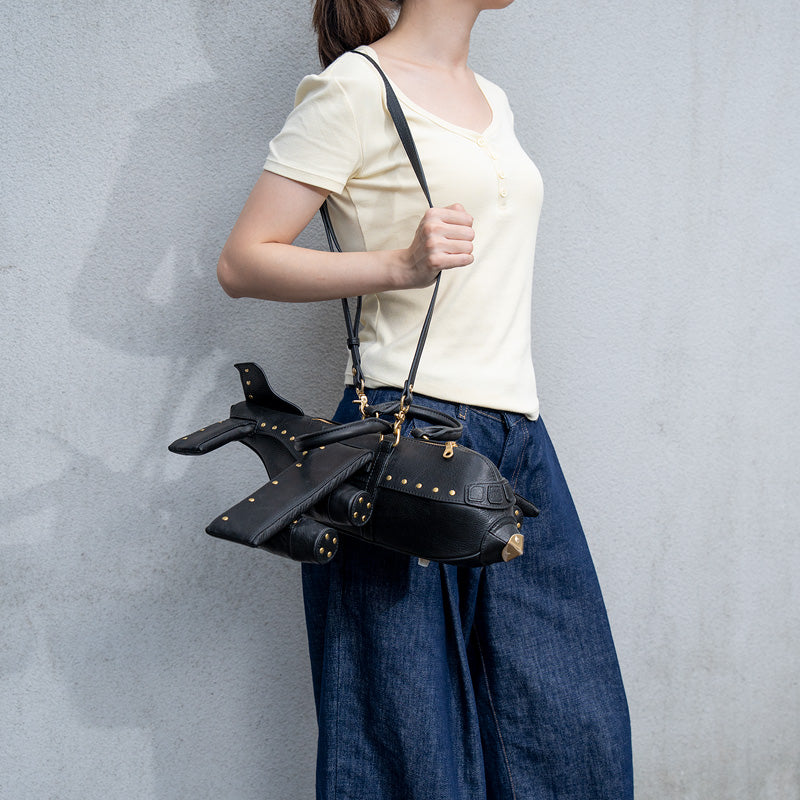 Airplane Shape Leather Bag Gold Stud Statement Top Handle Crossbody Bag for Women
