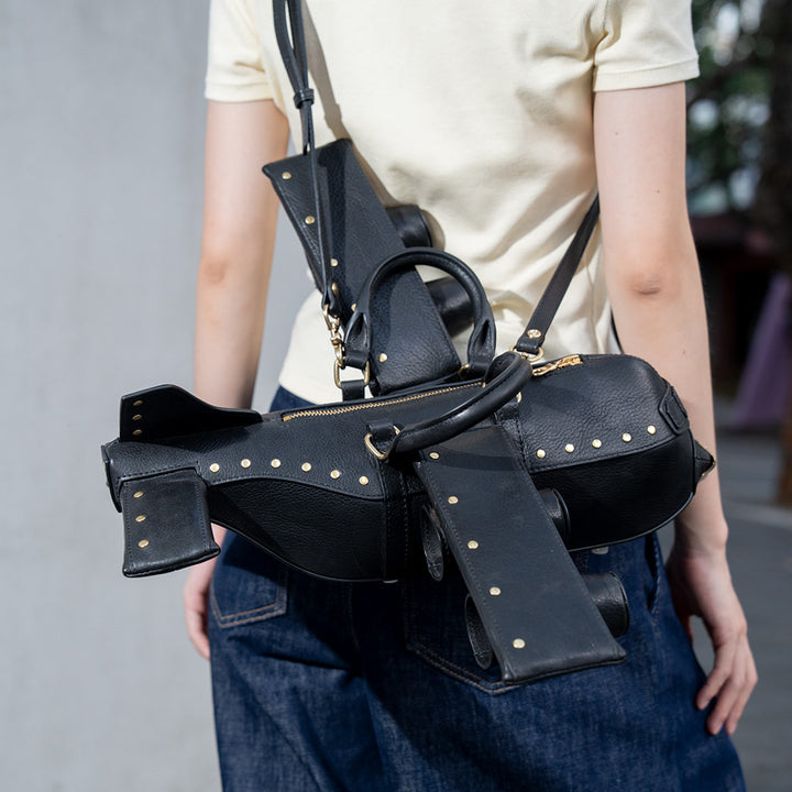 Airplane Shape Leather Bag Gold Stud Statement Top Handle Crossbody Bag for Women