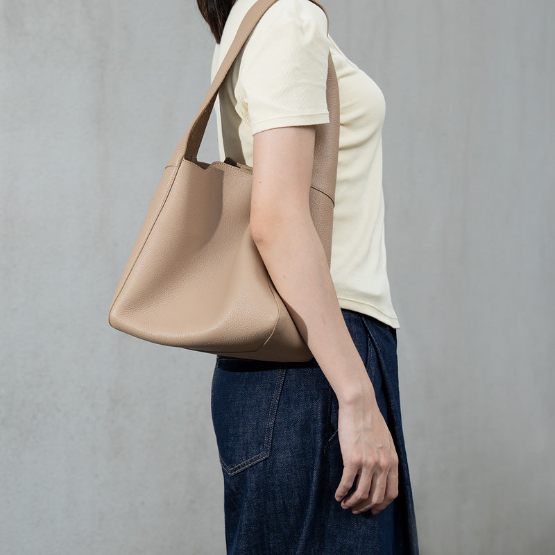 Leather Bucket Tote Bag Full Grain Beige Shoulder Bag with Removable Zip Pouch