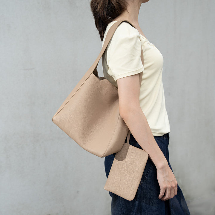Leather Bucket Tote Bag Full Grain Beige Shoulder Bag with Removable Zip Pouch