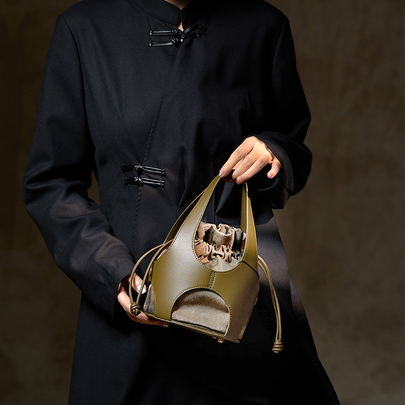 Xiangyunsha Silk Drawstring Bucket Bag Mulberry Silk &amp; Leather Handbag for Women