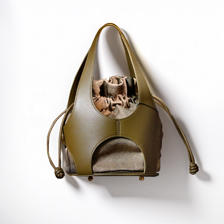 Xiangyunsha Silk Drawstring Bucket Bag Mulberry Silk &amp; Leather Handbag for Women