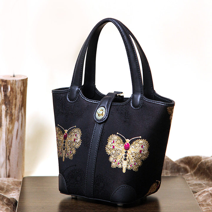 Black Silk Brocade Bucket Bag Butterfly Embroidery Crossbody Handbag