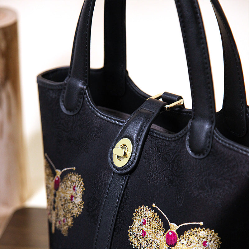 Black Silk Brocade Bucket Bag Butterfly Embroidery Crossbody Handbag
