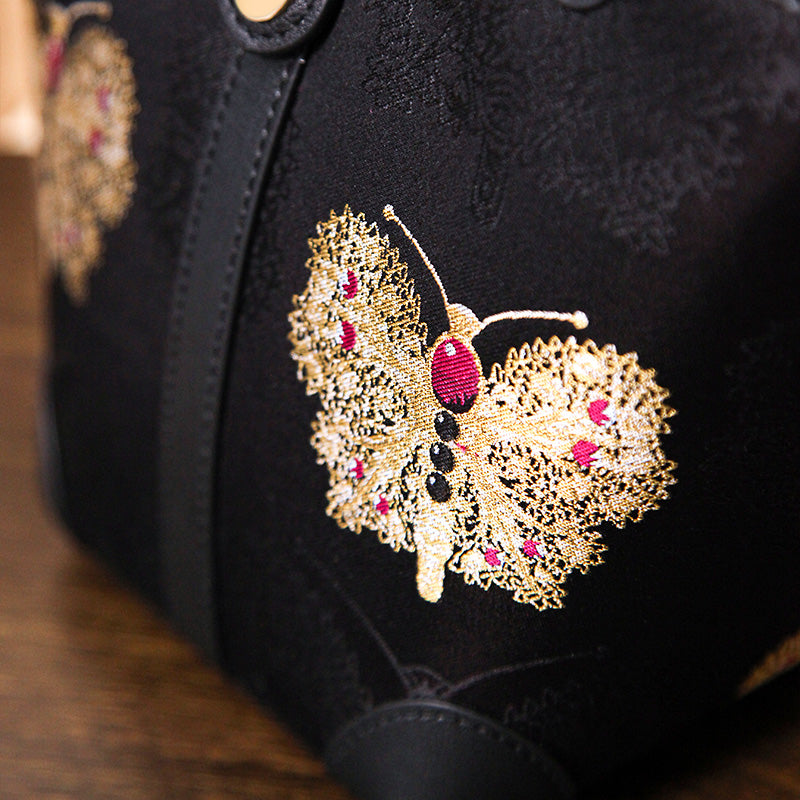 Black Silk Brocade Bucket Bag Butterfly Embroidery Crossbody Handbag