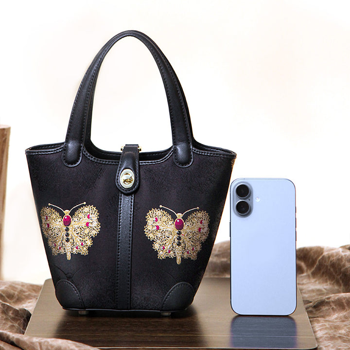 Black Silk Brocade Bucket Bag Butterfly Embroidery Crossbody Handbag