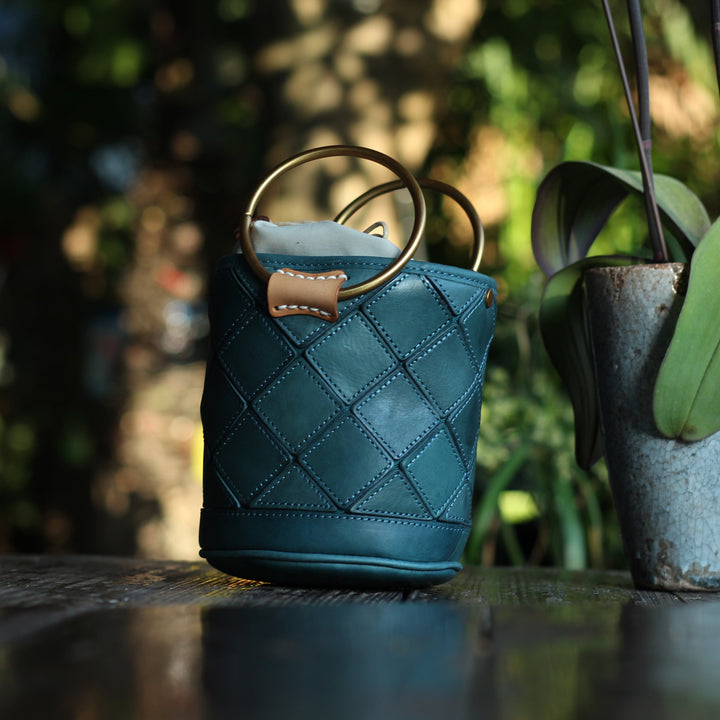 Quilted Leather Bucket Bag - Metal Ring Handle Drawstring Crossbody Vintage