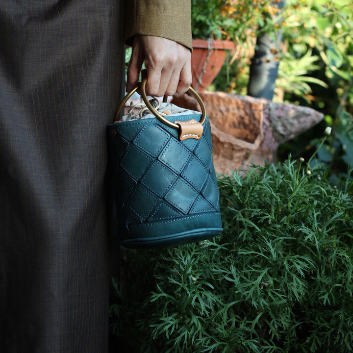 Quilted Leather Bucket Bag - Metal Ring Handle Drawstring Crossbody Vintage