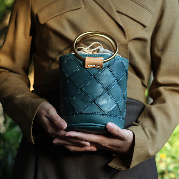 Quilted Leather Bucket Bag - Metal Ring Handle Drawstring Crossbody Vintage