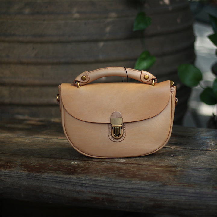 Two-Tone Leather Saddle Bag Vintage Push-Lock Top Handle Crossbody