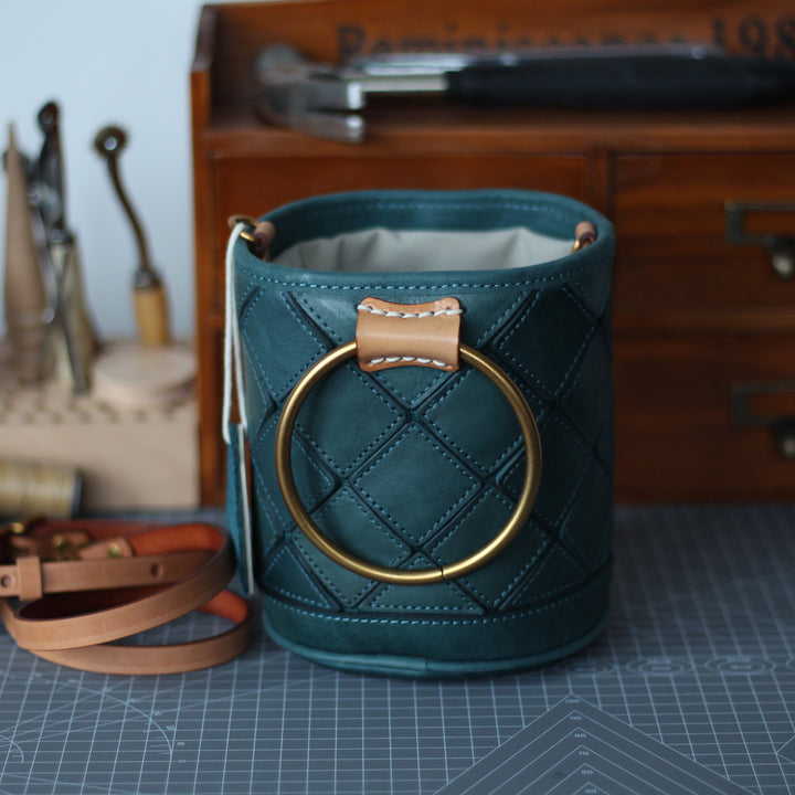 Quilted Leather Bucket Bag - Metal Ring Handle Drawstring Crossbody Vintage