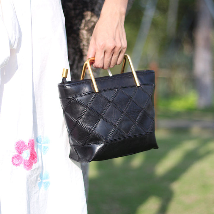 Bucket Bag with Metal Handle &amp; Quilted Pattern Handmade Vegetable-Tanned Leather Crossbody in 4 Colors