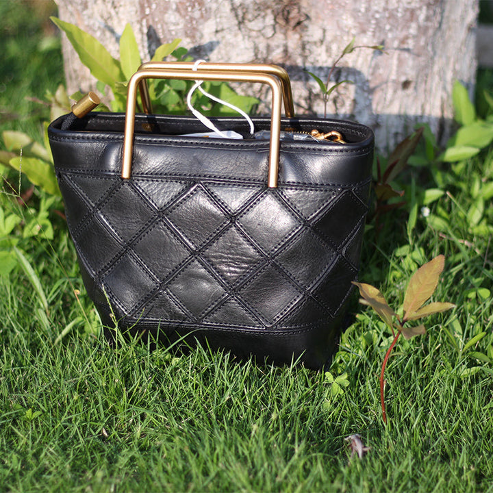 Bucket Bag with Metal Handle &amp; Quilted Pattern Handmade Vegetable-Tanned Leather Crossbody in 4 Colors