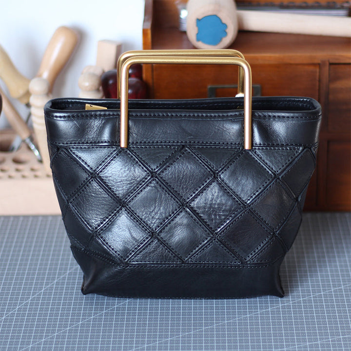 Bucket Bag with Metal Handle &amp; Quilted Pattern Handmade Vegetable-Tanned Leather Crossbody in 4 Colors