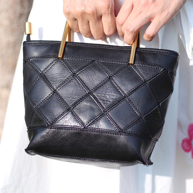 Bucket Bag with Metal Handle &amp; Quilted Pattern Handmade Vegetable-Tanned Leather Crossbody in 4 Colors