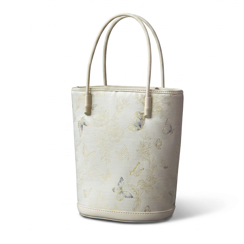 Beige Silk Bucket Bag with Butterfly