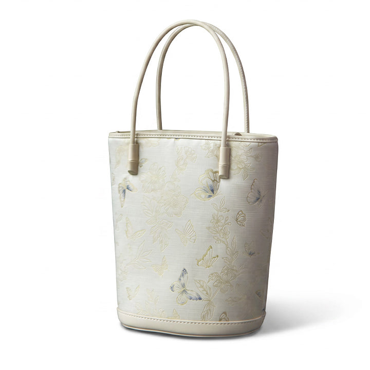 Beige Silk Bucket Bag with Butterfly