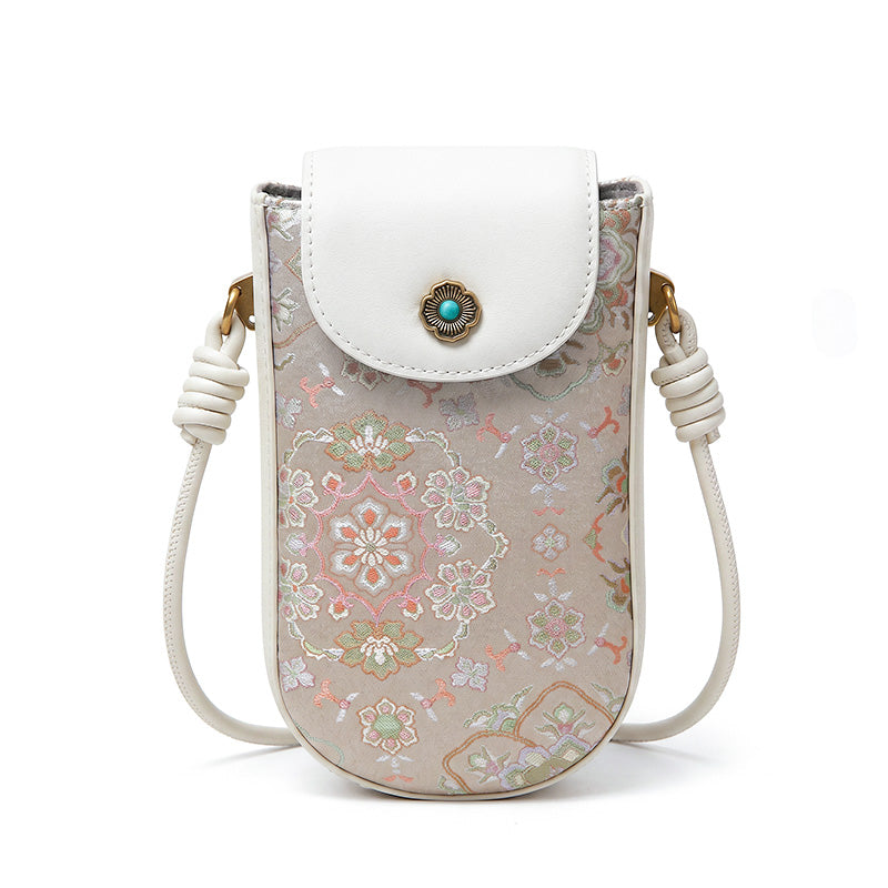 Beige Mulberry Silk Phone Crossbody Bag with Floral Pattern