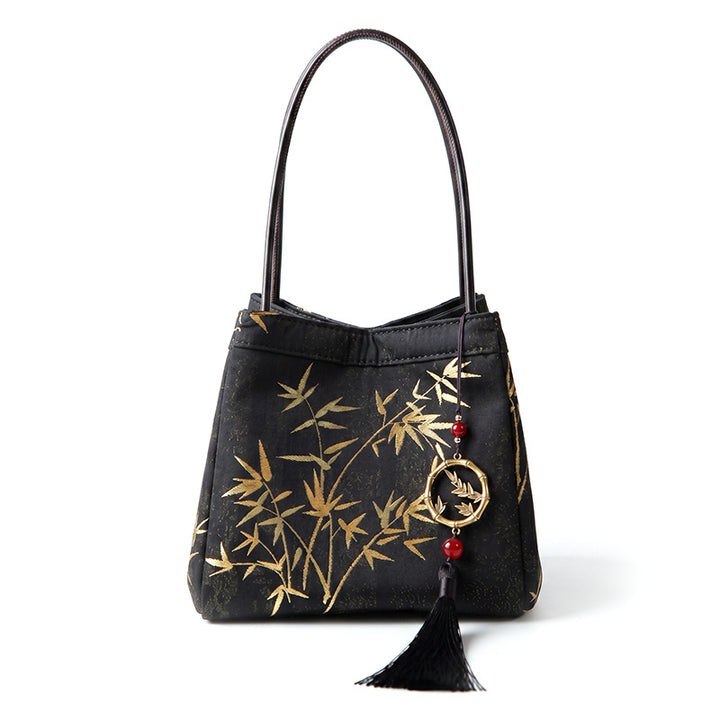 Black Song Brocade Silk Handbag with Golden Bamboo Pattern and Tassel
