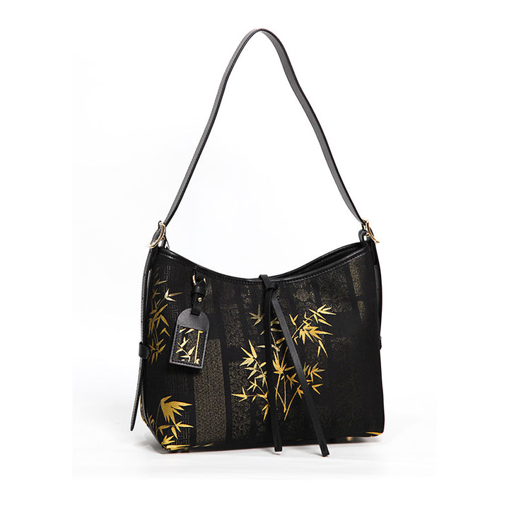 Black Leather Hobo Bag with Golden Bamboo Pattern in Mulberry Silk