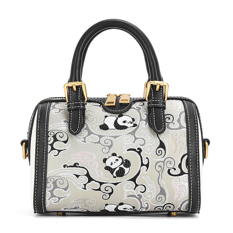 Black cowhide Boston bag with Chinese panda pattern and Shu Brocade