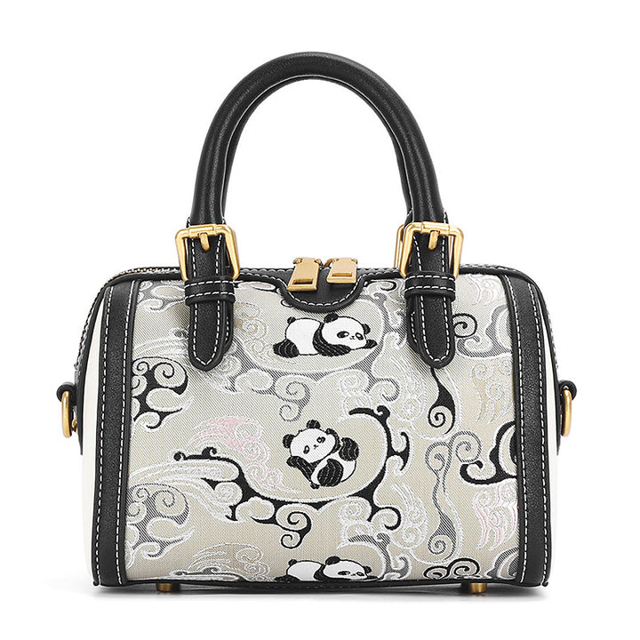 Black cowhide Boston bag with Chinese panda pattern and Shu Brocade