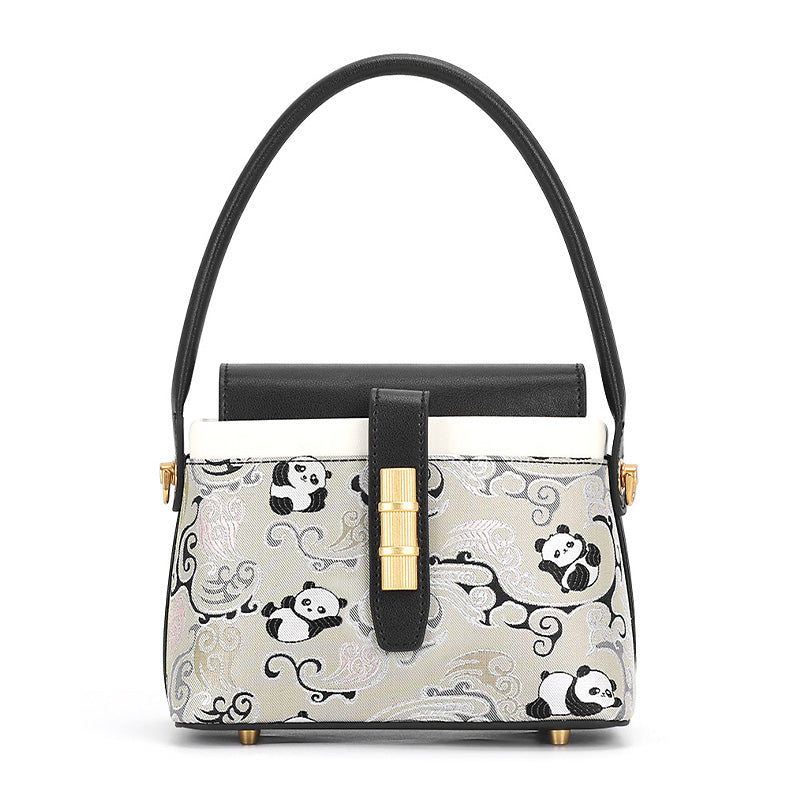 Black cowhide leather handbag with Shu Brocade panda pattern