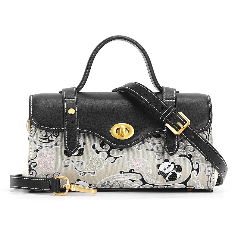 Black leather satchel bag with Shu Brocade panda and cloud motif