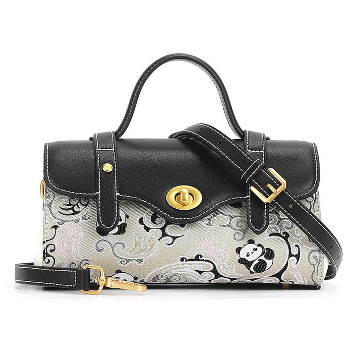 Black leather satchel bag with Shu Brocade panda and cloud motif