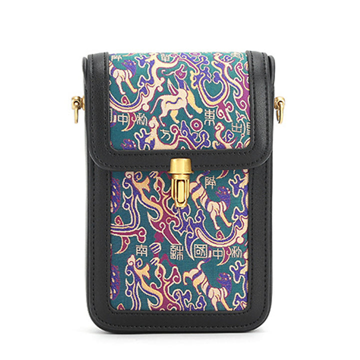 Mini leather phone crossbody bag with Shu Brocade Wuxingchudongfang pattern