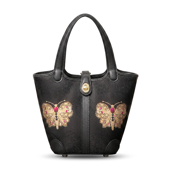 Black Silk Brocade Bag with Butterfly Embroidery