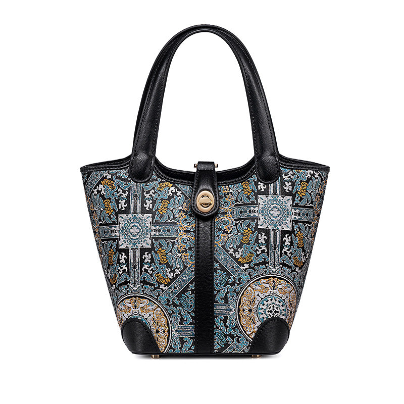 Small Bucket Style Leather Tote Bag with Song Brocade Silk and Chinese Pattern