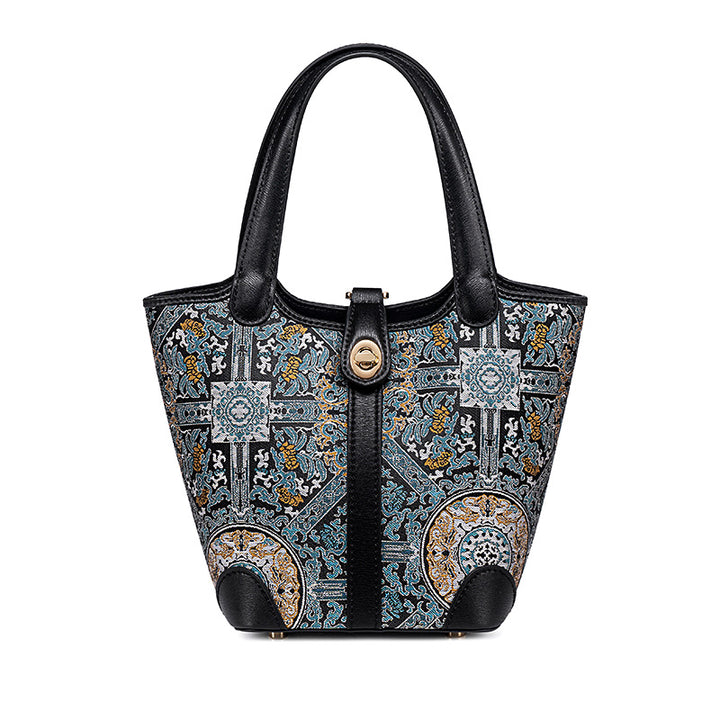 Small Bucket Style Leather Tote Bag with Song Brocade Silk and Chinese Pattern